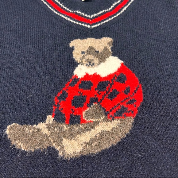 Navy V-Neck Women’s Sweater with Bear Design Size Small - Picture 2 of 9